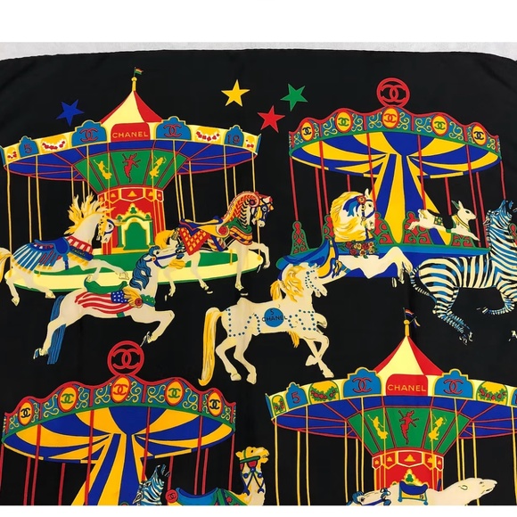 Chanel Vintage Carousel Print Silk Scarf – Black & Multicolor - Picture 2 of 5